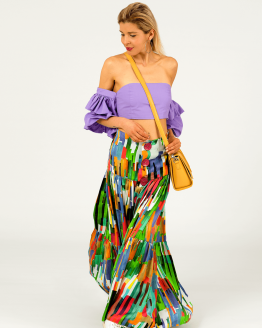 Saia em seda aos folhos multicolor